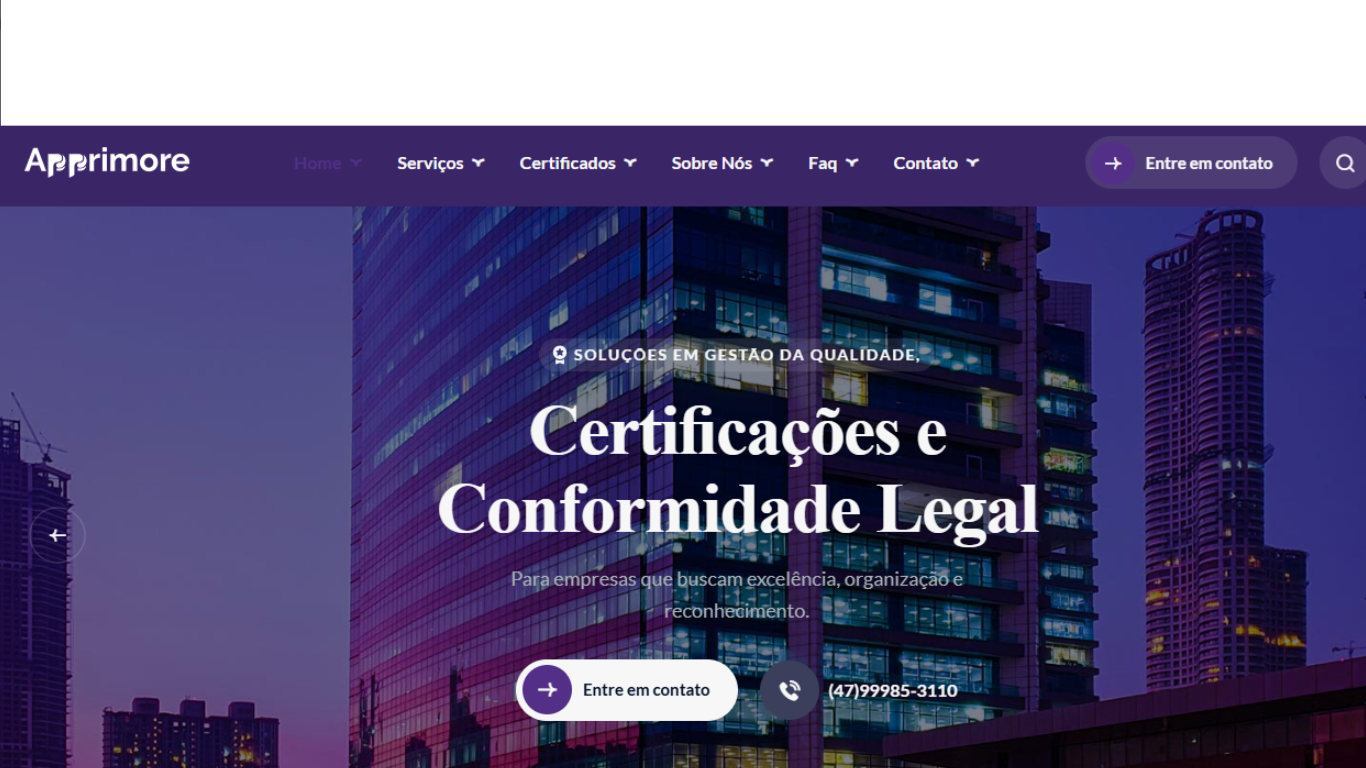 Site da Apprimore Consultoria, com apresentação de soluções em gestão da qualidade, certificações e conformidade legal