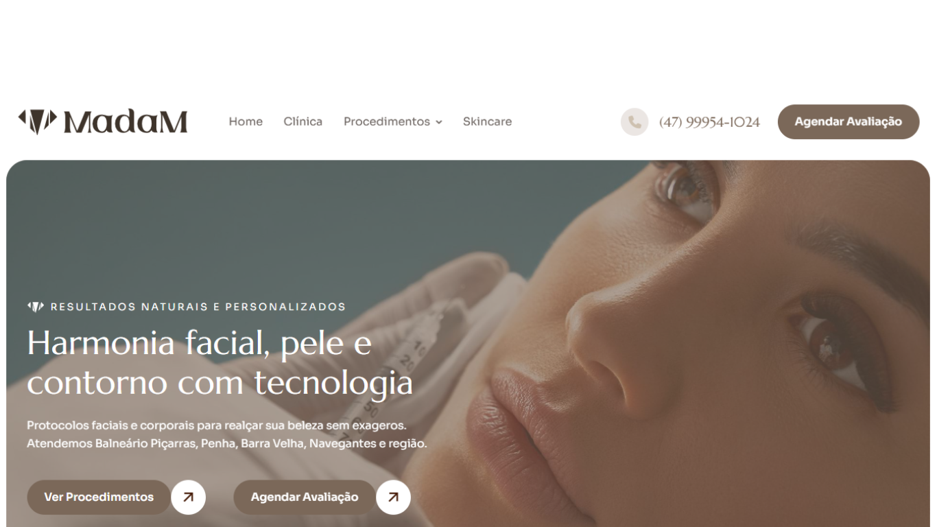 Topo do site da Clínica Madam, com apresentação dos tratamentos estéticos e botão para agendar avaliação