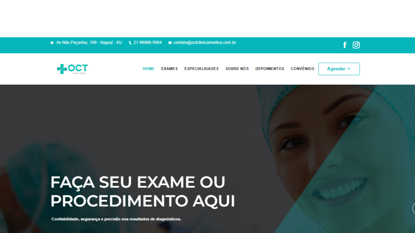 Página inicial do site da OCT Clínica Médica, com acesso a exames, especialidades e agendamento