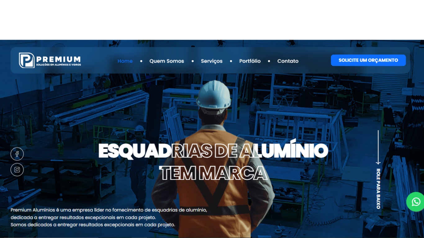 Site da Premium Alumínios, com apresentação de esquadrias de alumínio, serviços e solicitação de orçamento