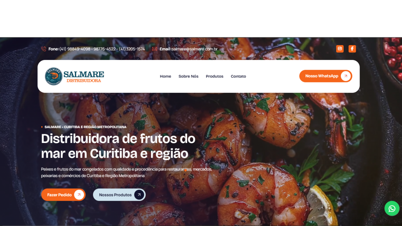 Site da Salmare Distribuidora, com apresentação de frutos do mar e acesso aos produtos e ao WhatsApp